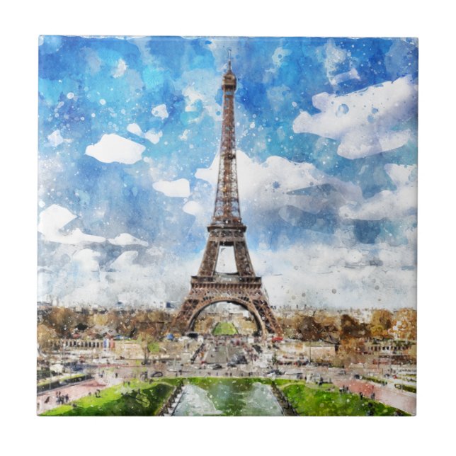 Watercolor Cityscape Paris, Eiffel Towards Tile (Front)