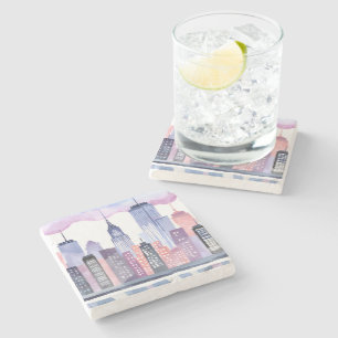 Watercolor Cityscape Skyline Stone Coaster