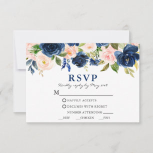 Watercolor Classic Blue Pink Floral Wedding Meal RSVP Card