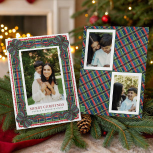 Watercolor Classic Tartan Plaid Ribbon Photo Holiday Card