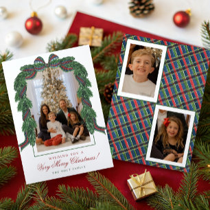 Watercolor Classic Tartan Plaid Ribbon Photo Holiday Card