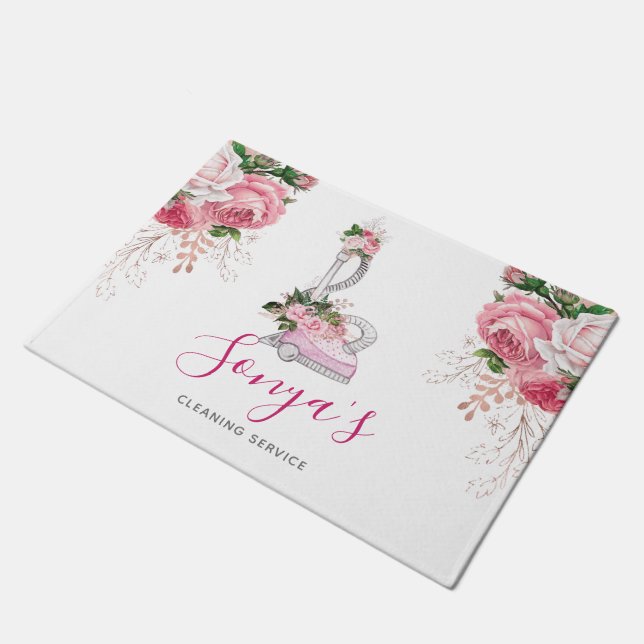 Watercolor Cleaning Service Pink vacuum cleaner Doormat (Angled)