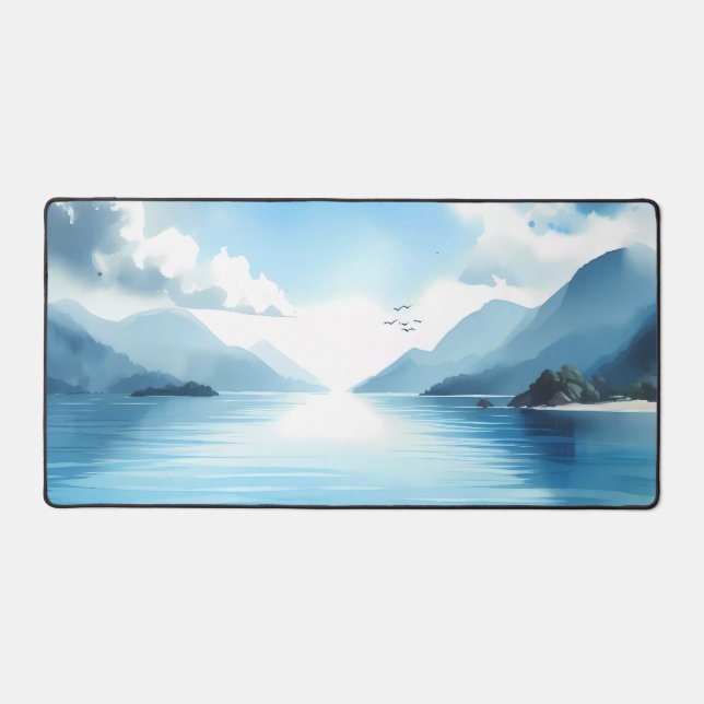 Watercolor Clear blue waters with mountains Desk Mat (Front)
