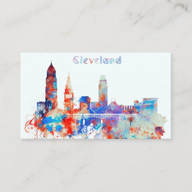 Watercolor Cleveland Skyline Business Card (Front)
