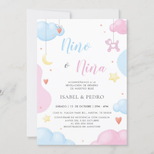 Watercolor Clouds & Stars Spanish Gender Reveal Invitation