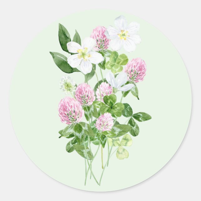 Watercolor Clover Flowers and Leaves Composition Classic Round Sticker (Front)