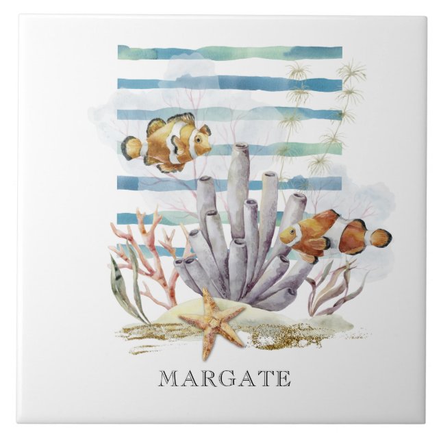 Watercolor CLOWN FISH Design,  Beach MARGATE   Ceramic Tile (Front)