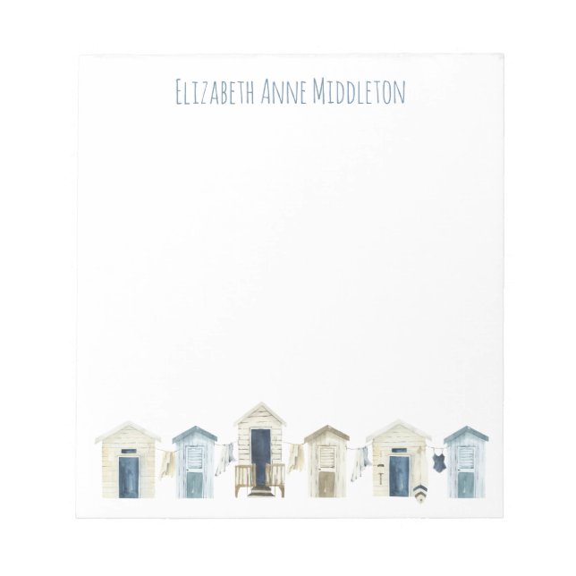 Watercolor Coastal Beach Huts Personalised Notepad (Front)