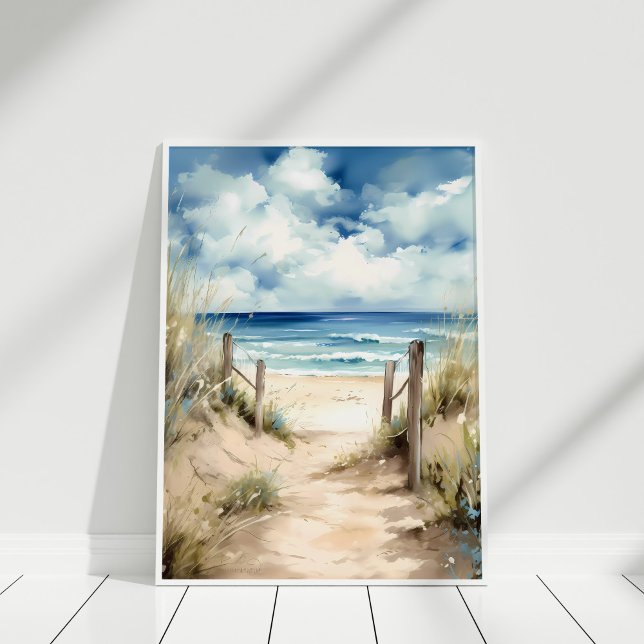Watercolor Coastal Beach Illustration Wall Art (Watercolor Coastal Beach Illustration Wall Art in a white frame)