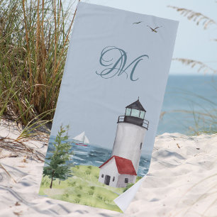 Watercolor Coastal Beach Sand Lighthouse Monogram  Towel
