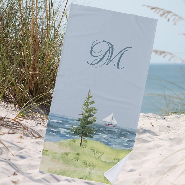 Watercolor Coastal Beach Sand Sailboat Monogram Beach Towel (Creator Uploaded)