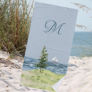 Watercolor Coastal Beach Sand Sailboat Monogram Towel