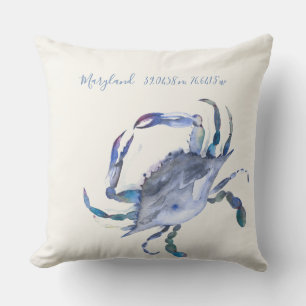 Watercolor Coastal Blue Crab Map Coordinates  Cushion