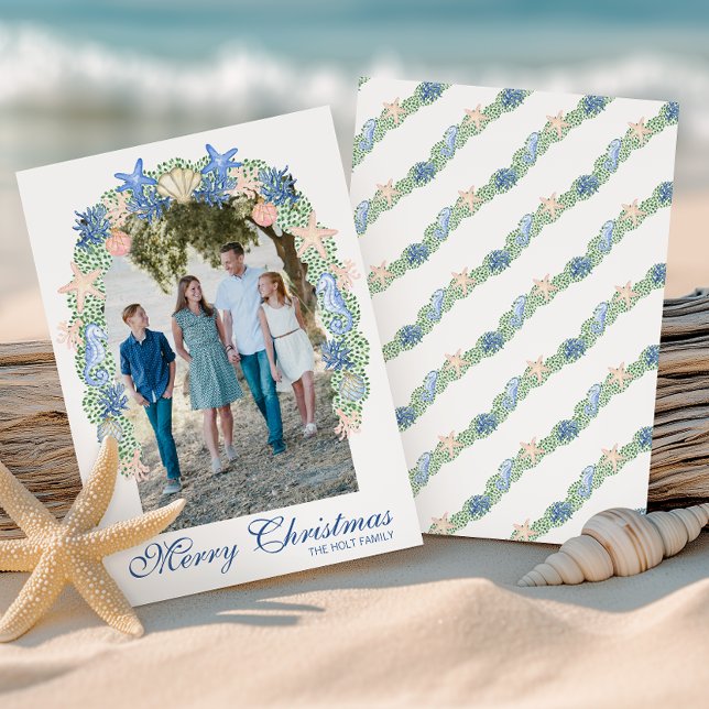 Watercolor Coastal Christmas Garland Photo Holiday Card (Creator Uploaded)
