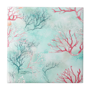 Watercolor Coastal Coral Pattern Ceramic Tile
