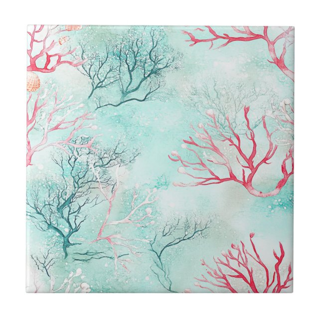 Watercolor Coastal Coral Pattern Ceramic Tile (Front)