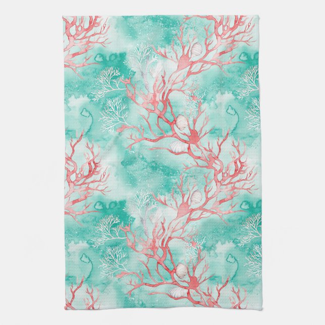 Watercolor Coastal Coral Pattern Tea Towel (Vertical)