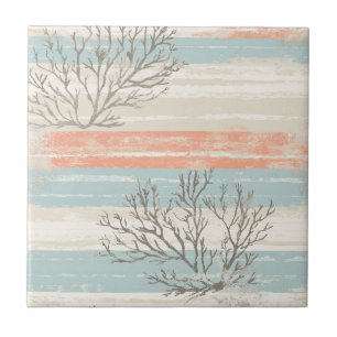 Watercolor Coastal Coral & Seashell Waves (1) Ceramic Tile