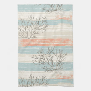 Watercolor Coastal Coral & Seashell Waves (2) Tea Towel