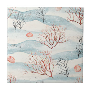 Watercolor Coastal Coral & Seashell Waves (4) Ceramic Tile