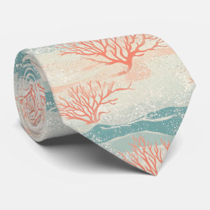 Watercolor Coastal Coral & Seashell Waves (5) Tie