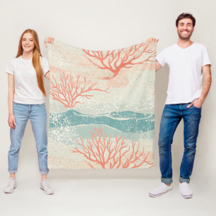 Watercolor Coastal Coral & Seashell Waves (6) Fleece Blanket