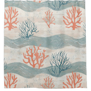 Watercolor Coastal Coral & Seashell Waves (7) Shower Curtain