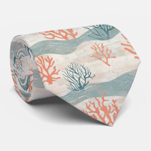 Watercolor Coastal Coral & Seashell Waves (7) Tie