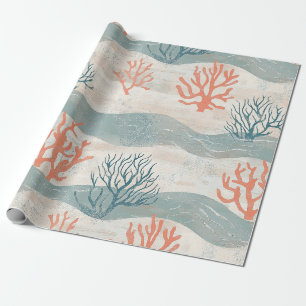 Watercolor Coastal Coral & Seashell Waves (7) Wrapping Paper