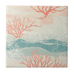 Watercolor Coastal Coral & Seashell Waves (8) Ceramic Tile