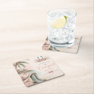 Watercolor, coastal cowgirl bachelorette party square paper coaster