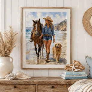 Watercolor Coastal Cowgirl Beach Walk Wall Art