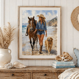 Watercolor Coastal Cowgirl Beach Walk Wall Art