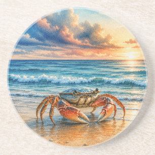Watercolor Coastal Crab on Sandy Beach Coaster