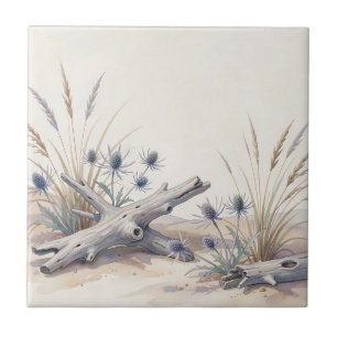 Watercolor Coastal Driftwood Sea Holly Beach Ceramic Tile