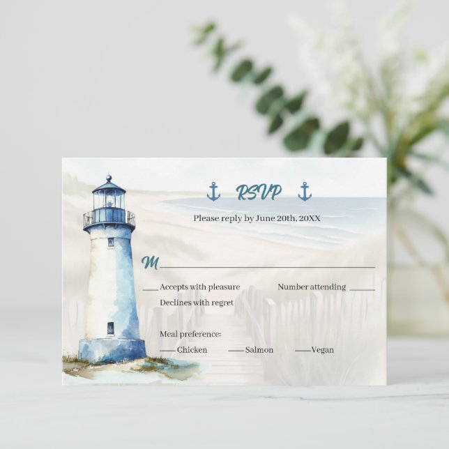 Watercolor Coastal New England Wedding RSVP Reply Invitation (Standing Front)