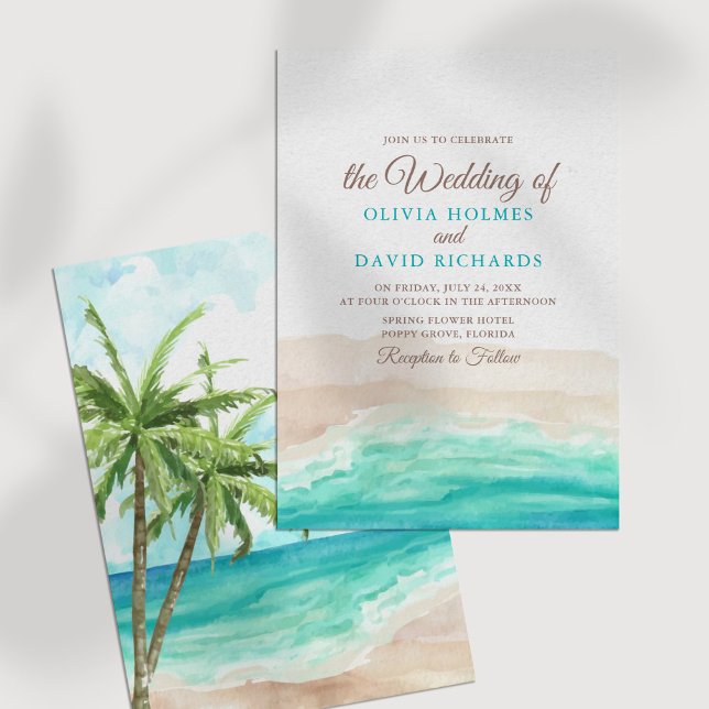 Watercolor Coastal Ocean Beach Wedding Invitation (Watercolor Coastal Ocean Beach Wedding Invitation on a white table.)