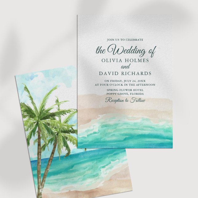 Watercolor Coastal Ocean Beach Wedding Invitation (Watercolor Coastal Ocean Beach Wedding Invitation on a white table.)