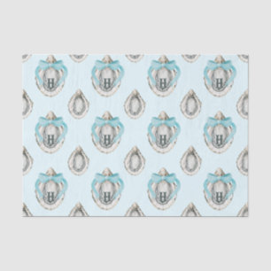 Watercolor Coastal Oysters Blue Bow Monogram Tissue Paper