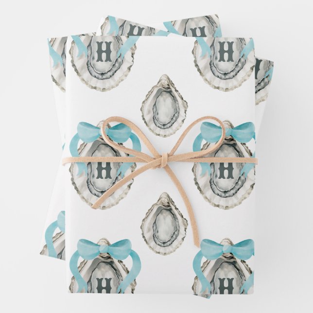 Watercolor Coastal Oysters Blue Bow Monogram Wrapping Paper Sheet (In situ)