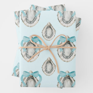 Watercolor Coastal Oysters Blue Bow Wrapping Paper Sheet