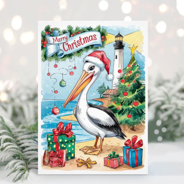 Watercolor Coastal Pelican Chistmas Card (Creator Uploaded)
