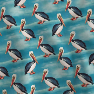 Watercolor Coastal Pelican on Blue Ocean Waves Fabric