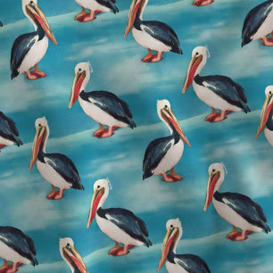 Watercolor Coastal Pelican on Blue Ocean Waves Fabric