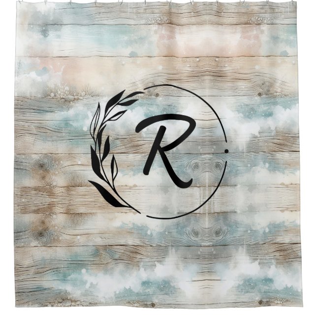 Watercolor Coastal Rustic Wood Monogram Letter Shower Curtain (Front)