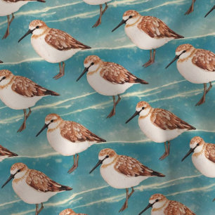Watercolor Coastal Sandpiper on Blue Ocean Waves Fabric