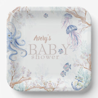 Watercolor Coastal Sea Life Baby Shower Paper Plate