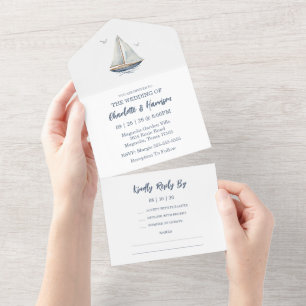 Watercolor Coastal Seascape Wedding All In One Invitation