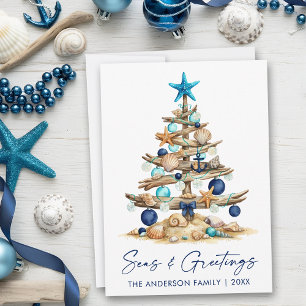 Watercolor Coastal Tree Seas and Greetings Beach Holiday Card