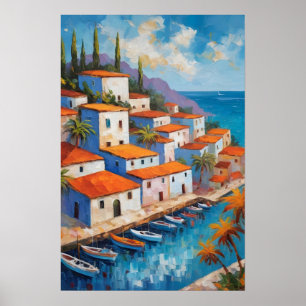 Watercolor Coastal Village  sailboat   Poster